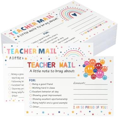 Imagem de 100 peças de notas de correio de professores para os pais, arco-íris colorido Happy Mail from Teacher, cartões de gabarito para estudantes comportamento sala de aula deve ter que enviar para casa para