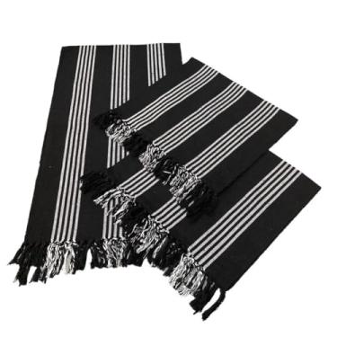 Imagem de Tapete de Cozinha, Passadeira Estilo com Franjas Kit Passadeira para Cozinha de Tear 3 Peças，Elegante e Refinado(Preto listrado cru)