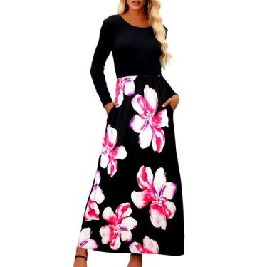 Imagem de Vestido maxi Supnier feminino casual de manga comprida com bolsos