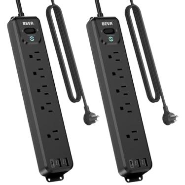 Imagem de Pacote com 2 tiras de energia para proteção contra surtos, cabo de extensão longo de 10 pés com 5 saídas amplamente espaçadas, 3 portas USB, plugue liso, proteção contra sobrecarga, 900 joules, montagem em parede para dormitório de escritório em casa, listado pela ETL