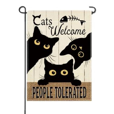 Imagem de Artofy Gatos Welcome People Tolerated Pequena Bandeira Decorativa de Jardim, Gato Preto Engraçado Jardim Gramado Decoração Externa Dono de Animais de Estimação Presente para Amantes de Animais de