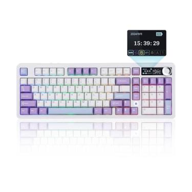Imagem de MechLands AK980 96% 3 modos teclado sem fios para jogos com ecrã TFT de 1,14", teclado Hot Swappable com placa FR4, botão, RGB para Win/Mac (branco, interruptor V2 de presente)