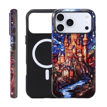 Imagem de Fourmor Capa para iPhone 17 Pro – Carregamento sem fio para MagSafe, capa externa rígida de policarbonato + capa protetora interna de TPU macio de 2 camadas à prova de choque, padrão de castelo