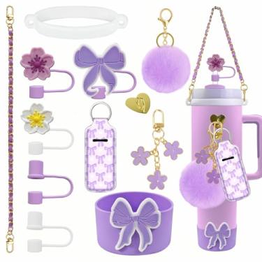 Imagem de Conjunto de acessórios incluindo alça de alça de garrafa de água, bota de silicone, capa de palha de borboleta de resina, cobertura de palha, protetor labial, berloques de borboleta e bola de pelo