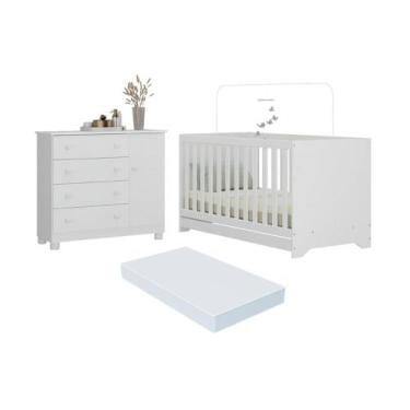 Imagem de Berço Americano 3 em 1 com Colchão Incluso e Cômoda 1 Porta 4 Gavetas 