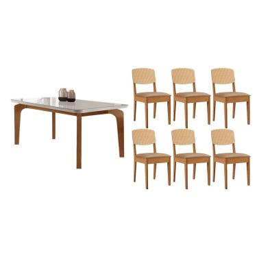 Imagem de Sala Jantar Mesa Londrina Tampo c/ Vidro Curvo 180cm+6 Cadeiras Havana Naturale/Off White - Linho Bege - Rufato
