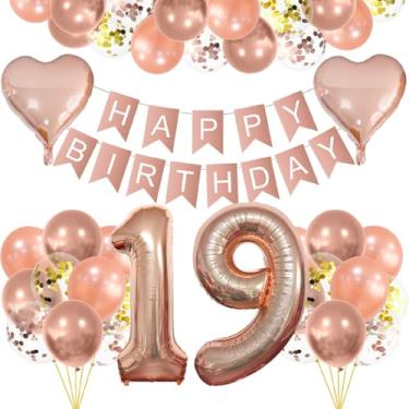 Imagem de Balões de ouro rosa, conjunto de decoração de aniversário de 19 anos, decoração de aniversário de 19 anos, guirlanda de 19 anos, decoração de guirlanda de aniversário de 19 anos para meninas e meninos