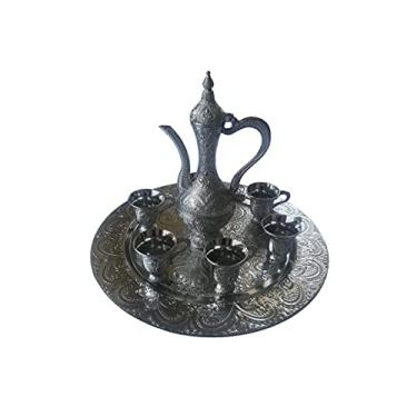 Imagem de BAYKUL Conjunto de 6 xícaras de café turco vintage de luxo, incluindo bandeja e bule, conjuntos de xícaras de café expresso árabe grego para servir chá, zamzam, café, cappuccino, acabamento otomano