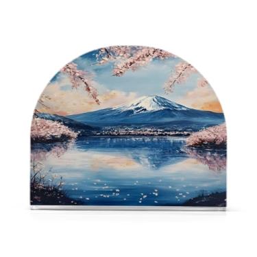 Imagem de JUZIHAI Suporte de guardanapo de flores de cerejeira e montagem Fuji Art para mesa dispensador de guardanapo em pé acrílico suporte de lenços de mesa independente para cozinha sala de jantar bar festa