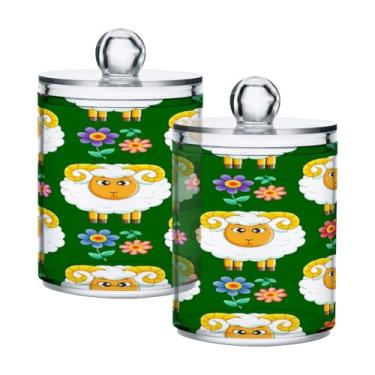 Imagem de Qilmy Pacote com 2 lindos suportes de boticário de ovelhas de desenho animado, frascos de boticário de 400 ml, vasilha organizadora para cotonetes, bolas de algodão, almofadas de maquiagem, fio dental