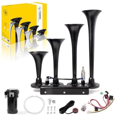 Imagem de FARBIN Buzina de ar 4 trompete 12V buzina de trem para caminhão 150dB buzina de caminhão kit de buzina de carro com compressor para picapes, trens, caminhões, jipes, SUVs, barcos, preto
