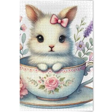 Imagem de Quebra-cabeça floral coelho 500 peças adultos cena de arte colorida animal colorido quebra-cabeças personalizados presentes de festa de elefante branco, 52 x 37,8 cm