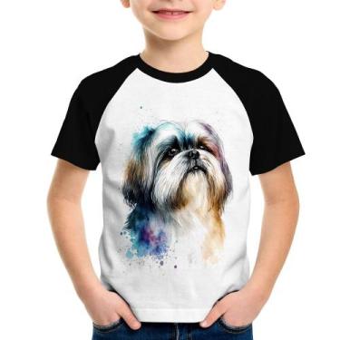 Imagem de Camiseta Raglan Infantil Cachorro Shih Tzu Watercolor - Foca na Moda, 