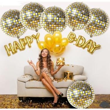 Imagem de Balões espelhados, balões grandes iridescentes para decoração de festa (aniversário, casamento, discoteca, graduação), balões reflexivos brilhantes com fitas amarelas, suprimentos de festa (6 peças