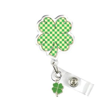 Imagem de Carretel de crachá de trevo xadrez, porta-crachá do dia de São Patrício, carretel retrátil de crachá trevo verde com clipe jacaré, suporte de etiqueta de identificação Lucky Clover presente para