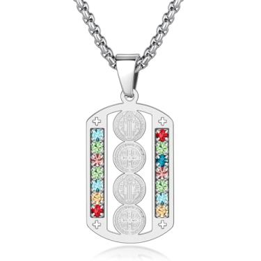 Imagem de Hipunk Colar com pingente de medalha de São Bento de aço inoxidável com cristais multicoloridos, joias de cruz religiosa para homens e mulheres com caixa de presente, ONESIZE, Aço inoxidável, Sem