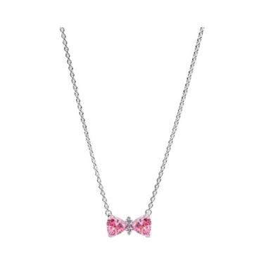 Imagem de Colar Feminino De Prata 925 Com Laço Rosa, Coração Vermelho E Flor  Jo