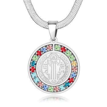 Imagem de Hipunk Colar com pingente de medalha de São Bento de aço inoxidável com cristais multicoloridos, joias de cruz religiosa para homens e mulheres com caixa de presente, ONESIZE, Aço inoxidável, Sem