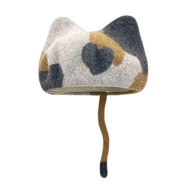 Imagem de Julpsk Chapéu feminino engraçado de orelha de gato pintor boina francesa de lã com cauda acessórios para cosplay