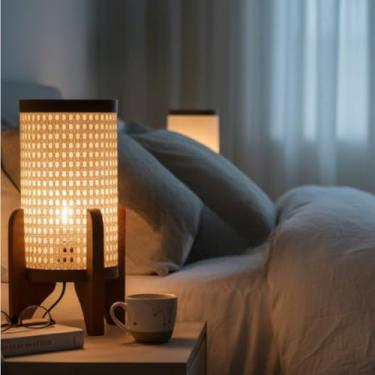 Imagem de Abajur Ravelly Telinha Sintetica Rattan Pés de Madeira 39 cm altura Mesa Criado Mudo Cabeceira Palha