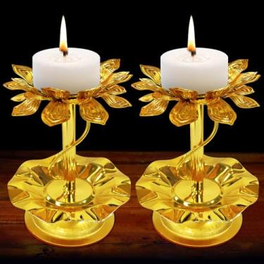 Imagem de 2 peças de castiçais de lótus de metal dourado Diya para Diwali Lotus Ghee, suporte de vela, lâmpadas de óleo para templo de Buda, decoração de casa