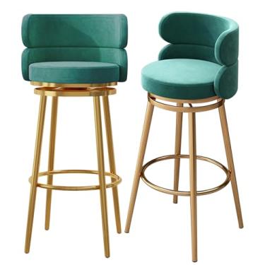 Imagem de Conjunto de 2 bancos de bar estofados, cadeiras giratórias para café da manhã com 65 cm de altura, bancos de cozinha com encosto alto, apoio para os pés de metal preto, verde