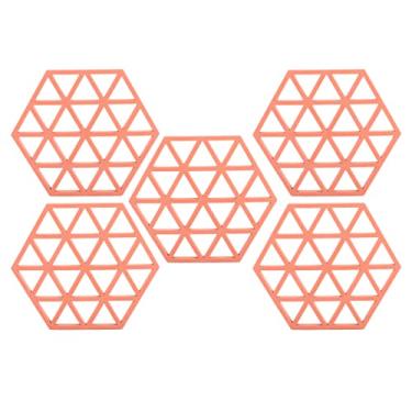 Imagem de Jogo americano de silicone hexagonal, resistente ao calor, antiderrapante, conjunto de 5 tapetes de mesa duráveis ​​para jantar, cozinha, uso doméstico, 16x14cm (vermelha)