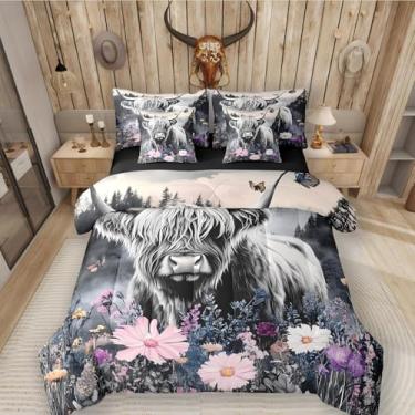 Imagem de Conjunto de edredom de 7 peças de vaca Highland em uma bolsa, conjunto de cama de casal com flores de gado de touro longhorn, animais do oeste, montanha com floresta, casa de fazenda, vida selvagem