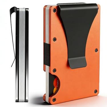 Imagem de Carteira masculina de metal, fina e minimalista, carteira durável com clipe de dinheiro com bloqueio RFID para homens, Laranja, Clássico