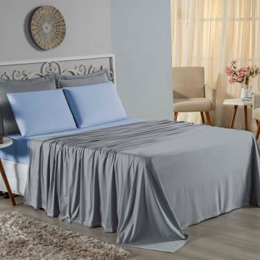 Imagem de Jogo De Cama Queen Nobre 4 Peças Lençol Com Elástico De 30cm De Altura Malha 100% Algodão - Cinza / Azul-bebê