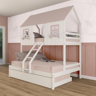 Imagem de Treliche Casal/ Solteiro Casinha Encantada Madeira Maciça Branco/ Rosa Megamobilia