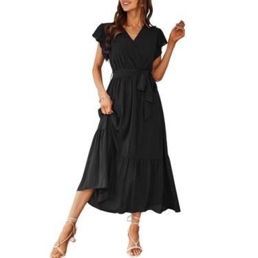Imagem de Vestido PRETTYGARDEN Envelope Decote V Preto Pequeno com Cinto