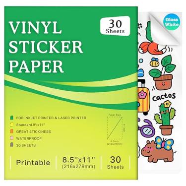 Imagem de 30 folhas de papel adesivo de vinil imprimível premium para impressora a jato de tinta, branco brilhante à prova d'água, seca rapidamente, cores vivas, resistente a rasgos, papel adesivo de vinil jato