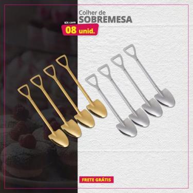 Imagem de Kit 08 Colheres de Sobremesa Inox Pá Redonda - Genérica, Dourado e Pra