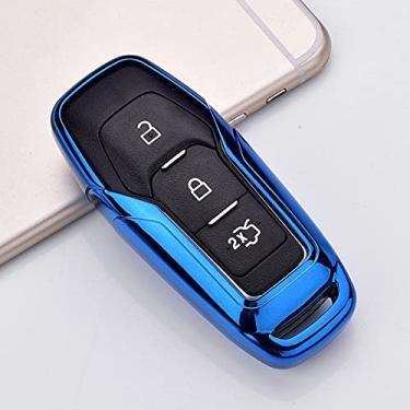 Imagem de YJADHU Porta-chaves com porta-chaves em TPU macio, capa para porta-chaves de carro, adequada para Ford Fusion Mondeo Mustang F-150 Explorer Edge 2015 2016 2017 2018, A, azul