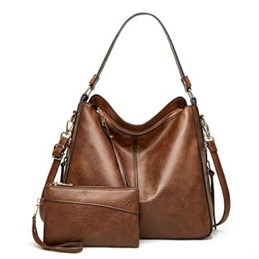 Imagem de JXGSGOGO Bolsas de Ombro Hobo Femininas Bolsa de Ombro Grande Macio Couro PU, Marrom escuro (2 peças), One_Size, Clássico