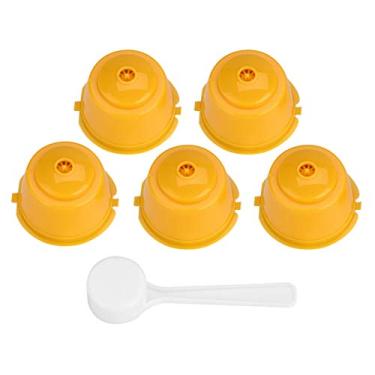 Imagem de filtro de cápsula,Filtro de café recarregável, filtro de cápsula de café reutilizável reutilizável de aço inoxidável 5 peças de grau alimentício pp 304 com colher para máquinas(yellow)