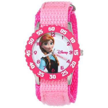 Imagem de Disney Relógio infantil de aço inoxidável W000968 Frozen Anna Time Teacher com pulseira de nylon rosa, rosa, Movimento de quartzo