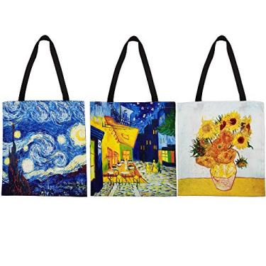 Imagem de FunisFun Pacote com 3 sacola de lona reutilizável para compras de supermercado bolsa de ombro feminina grande bolsa de mão 3 desenhos, 33 x 35 cm, Pintura Van Gogh, 13 X 14 Inch