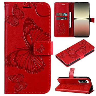 Imagem de Capas de telefone borboleta em relevo compatíveis com Sony Xperia 5 IV capa de couro com slots de cartão de visita de luxo clipe de carteira capa de telefone à prova de choque (vermelho, Sony Xperia 5 IV)
