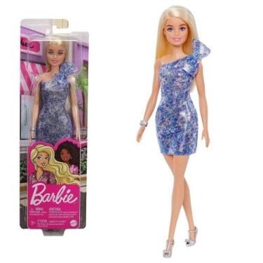 Imagem de Boneca Barbie Loira Com Vestido Glamoroso Azul Glitter Mattel