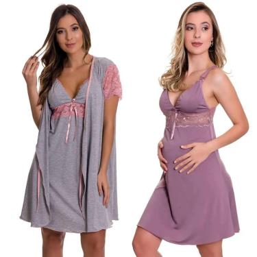 Imagem de KIT Camisolas Amamentação com Robe + Camisola Gestante Estilo Sedutor - AG-ES220-221-ES206