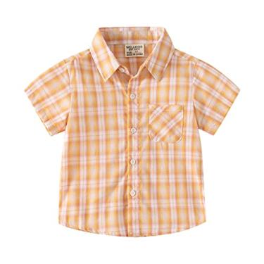 Imagem de Camisa de menino 5t manga longa infantil flanela jaqueta xadrez manga curta lapela botão shacket meninos camisetas, Amarelo, 2-3 Anos