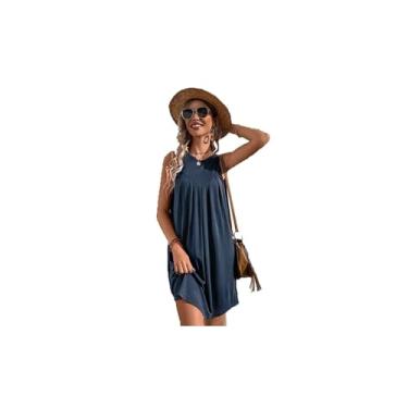 Imagem de Verão Feminino Magro Vestido Regata De Cor Sólida Mini Saia De Praia Fina (Color : Dark blue, Size : X-Large)