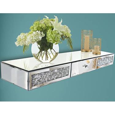 Imagem de Mirrored Furniture Wall Shelf with Drawer, Crystal Diamond Floating Showcase, Silver Mirror Crushed Diamond Decorative Dressing Table, Gorgeous Bling TV Set, Wall Art Décor,31.5" L×7.9" W×3.1" H