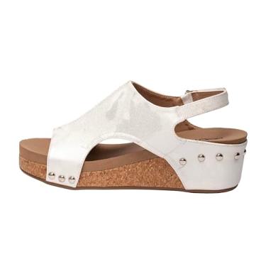 Imagem de Corkys Footwear Sandália feminina Volta II Wedge – Cunha acolchoada de 5 cm, fecho de velcro para conforto e estilo, perfeita para roupas casuais e elegantes, uso durante todo o dia, Branco metálico,