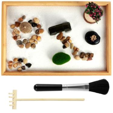Imagem de Kit de jardim zen, kit de jardim zen japonês, conjunto de areia zen faça você mesmo, mini decoração zen de mesa, jardim engraçado meditação areia zen, bonsai artificial bandeja de areia zen kit de jog