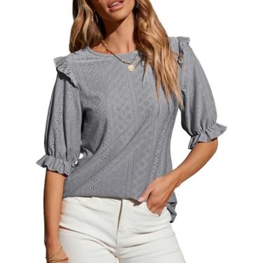 Imagem de EVALESS Blusas femininas casuais de verão com gola redonda e babados manga curta sexy de crochê vazadas camisetas lisas, B Cinza, XXG