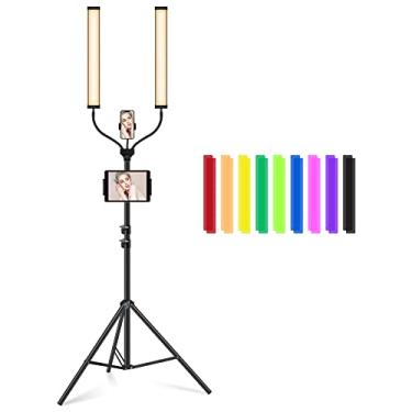 Imagem de QEUOOIY Varinha de luz de vídeo LED bicolor com suporte, kit de iluminação portátil para fotografia de estúdio 2300-7500K, adaptador de energia de 30 W com tripé e controle remoto de 81 cm a 199 cm
