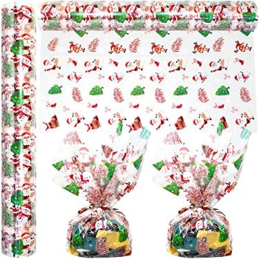 Imagem de AnapoliZ Rolo de celofane de Natal | 3,5 m de comprimento x 40,6 cm de largura | Celofane de Feliz Natal transparente de 2,3 mil | Papel de embrulho de presentes, cestas, guloseimas | Papai Noel, boneco de neve, rolo de violoncelo de rena